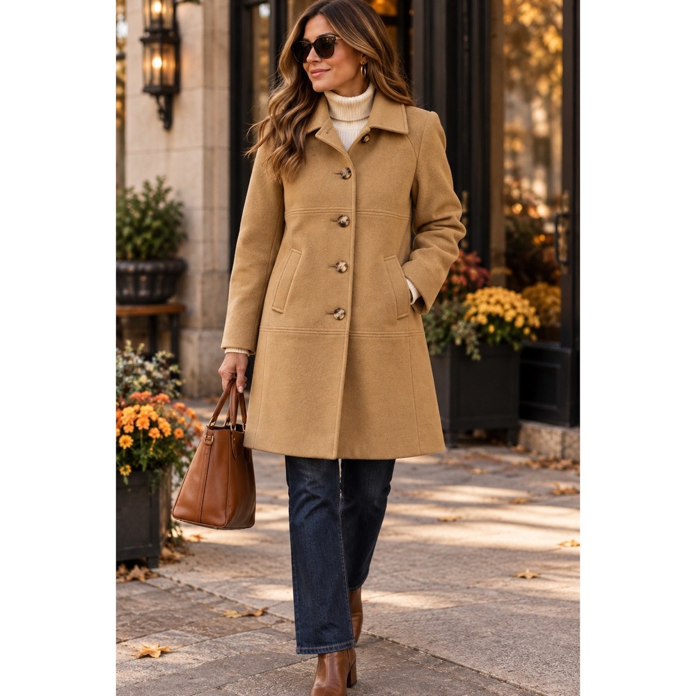 New England Wool Pea Coat Quiet Luxury Old Money Academia Minimalist Camel Sz 10